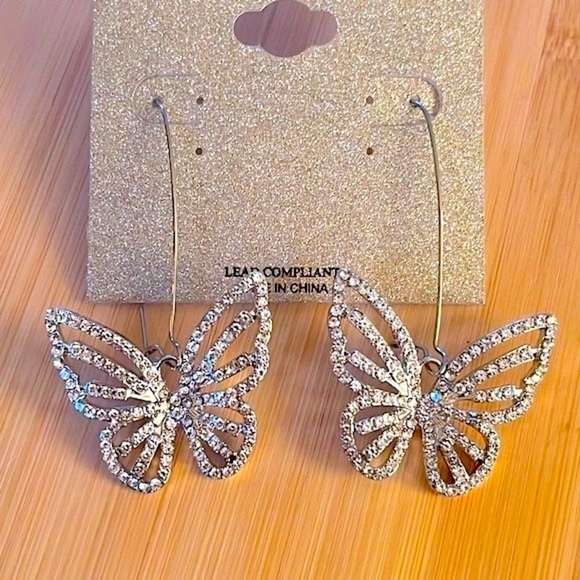 Brand New Natasha Rhinestone Butterfly Silver Tone Drop Earrings Sparkly - Picture 7 of 13